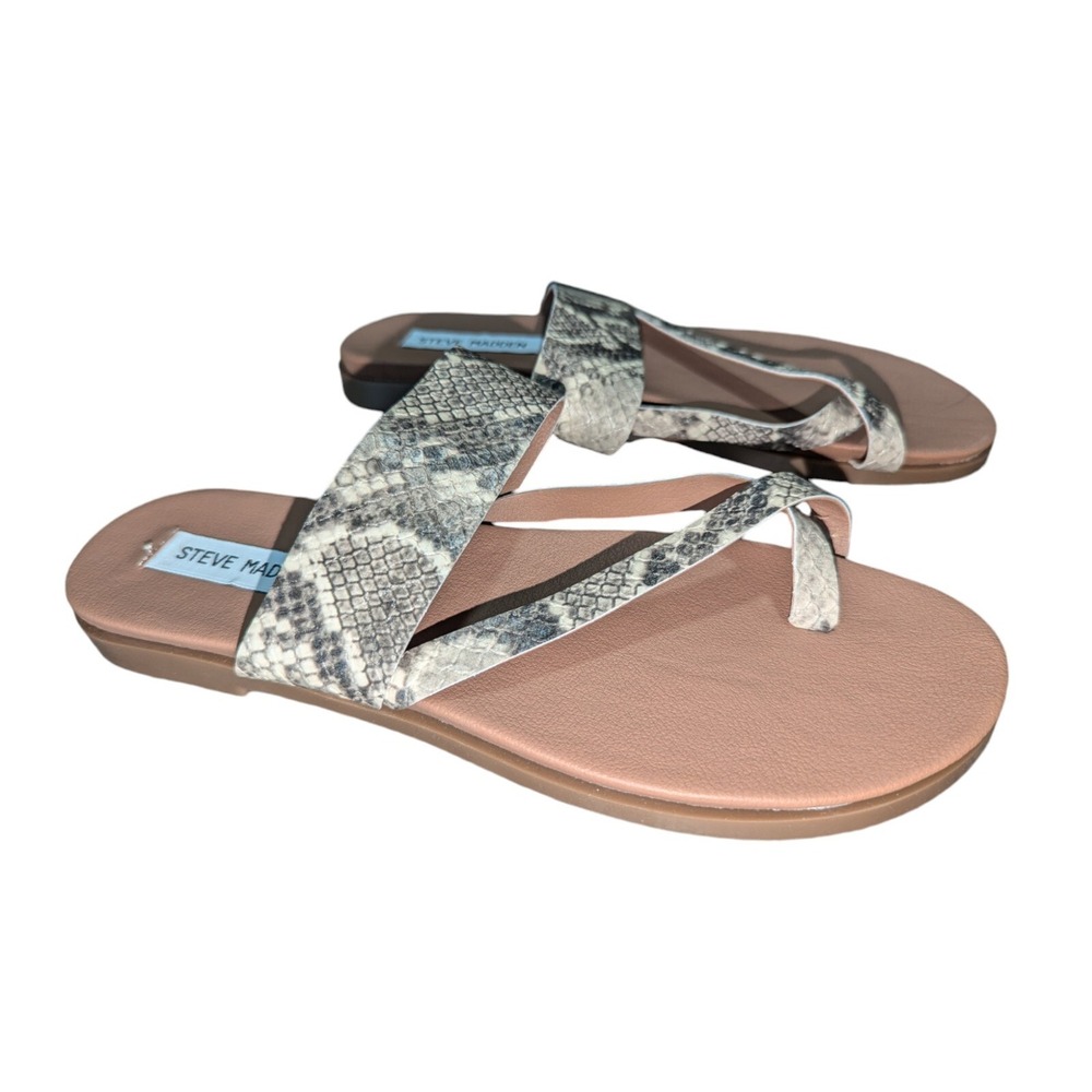 Steve Madden Athens Strappy Flat Sandal, Natural Snake Faux Leather 8.5M US B3
